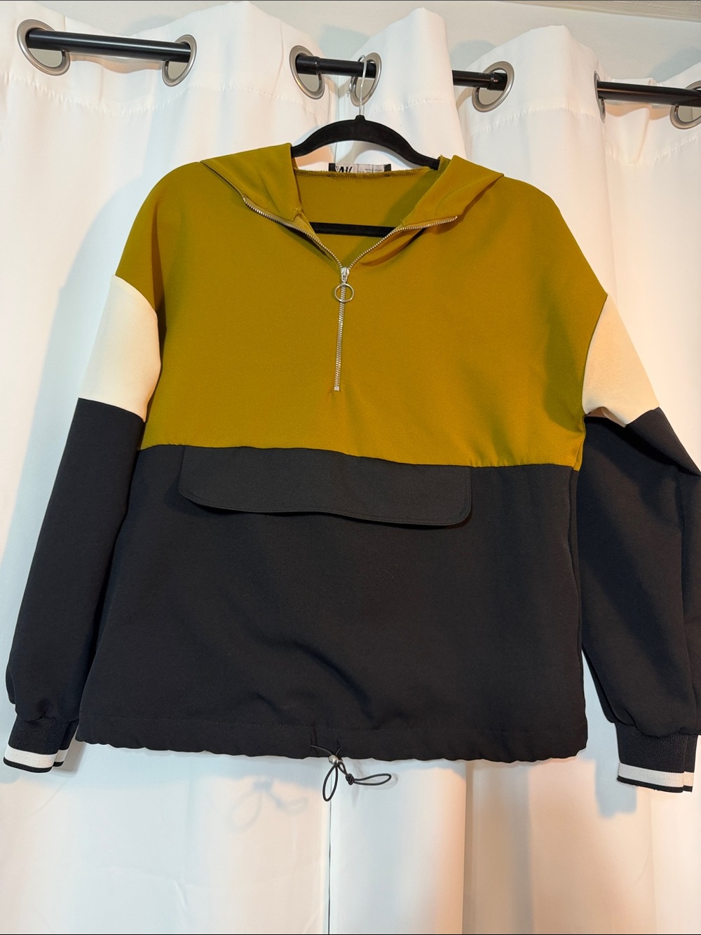 Zara Olive, Black & Cream Colorblock Hooded Bomber Sweatshirt *flaw SZ S B7